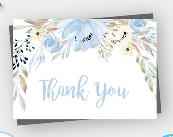 Blue Floral Baby Shower Thank You Card Template, Blue Bridal Shower Thank You, Edit + Print Shower Thank You, Instant Download, BSBF