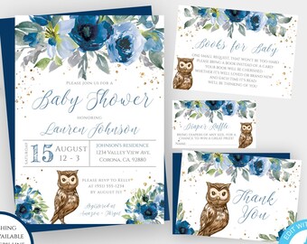 May include: Blue and gold baby shower invitation set with an owl design. The invitation includes a main invitation, a book request card, a diaper raffle card, and a thank you card. The cards feature watercolor blue flowers and gold glitter.