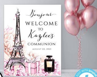 Paris Communion Welcome Sign Template, Eiffel Tower Baptism Sign, Pink DIY Welcome Poster, Instant Download, Editable Welcome, French Sign