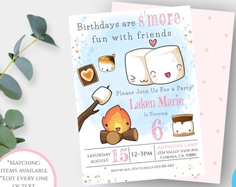 S'more Birthday Invitation Template, Smore Birthday, Bonfire Party Invite, Camping Birthday Invite, S'more Fun With Friends Birthday Invite