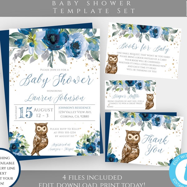 Owl Baby Shower Invitation Template Set, Blue Owl Invite for Boy, Woodland Shower, Customizable DIY Self Edit + Print Floral Baby Shower BSO