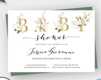 Editable Baby Shower Invitation, Gender Neutral Baby Shower Invite, Greenery Shower Invite, Printable Invitation in Gold, Instant Download