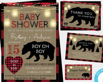 Buffalo Plaid Lumberjack Shower, Lumberjack Baby Shower Invitation Template Set, Bear Shower Boy Baby Shower Fall Baby Shower Rustic Shower
