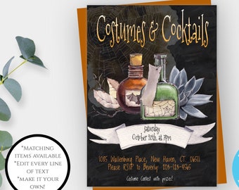 May include: Editable Halloween party invitation template featuring a black chalkboard background with a spiderweb design. The text "Costumes & Cocktails" is written in gold script. Two potion bottles with a bat and a succulent plant are illustrated on the chalkboard. The text "Saturday October 26th, at 7pm" is written in white on a banner.