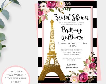 Paris Bridal Shower Invitation Template, Pink + Gold Bridal Shower Invitation Instant Download French Theme Printable Shower Invite, WSPBW