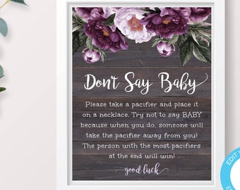 Don't Say Baby Game Sign Template for Rustic Shower, Purple Floral Baby Shower Sign, Editable Sign, Printable Baby Shower Game