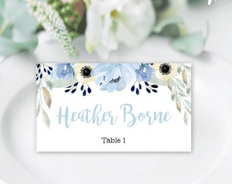 Blue Floral Baby Shower Place Card Template, Tent Fold Place Card, Personalized Decor, Customized Shower, Printable Card, DIY Editable, BSBF