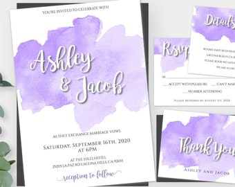 Purple Watercolor Wedding Invitation Set, Lavender Template Set with RSVP, Lilac Invitations, Edit + Print Yourself, Instant Download WBPW