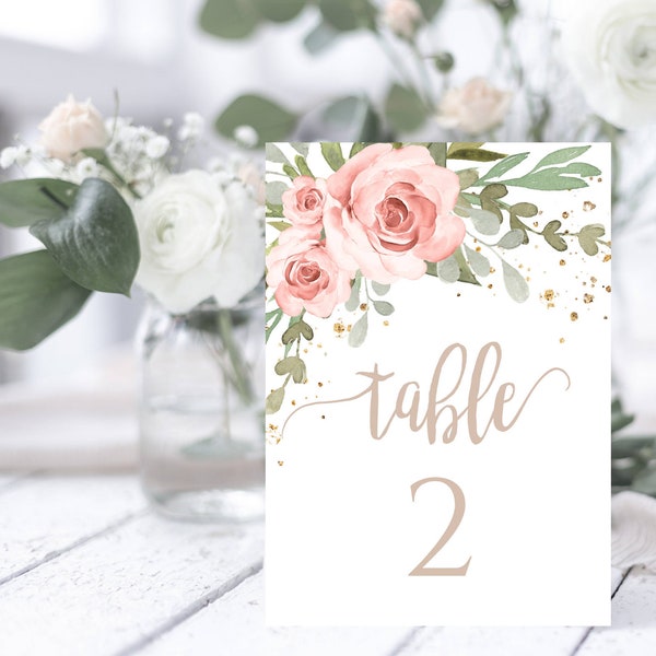 Printable Pink Floral Table Number 4x6 + 5x7 Card Templates, Editable Pink + Gold Baby Shower With Watercolor Blush Pink Flowers, BSBG