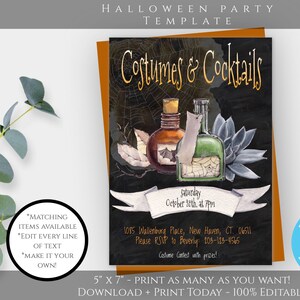 Costumes & Cocktails Halloween Party Invitation, Vintage Costume Party Printable Template, Editable Instant Download, Adult Halloween Party