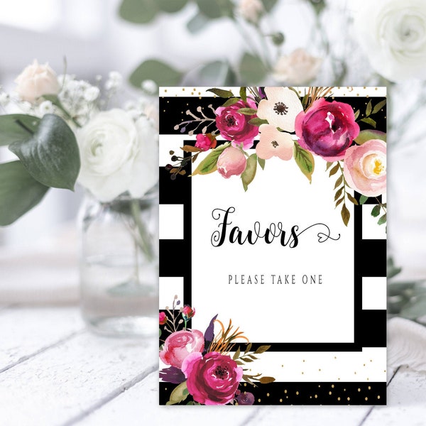 Bridal Shower Favors Sign Template, Kate Spade, Pink + Black Sign, Watercolor Floral, Editable Sign, Please Take One, Instant Download, WSKS