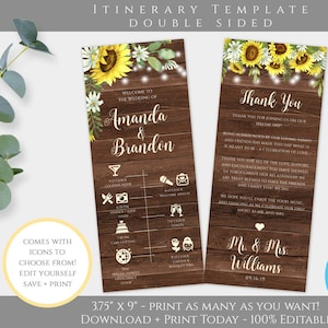 Sunflower Wedding Itinerary Template with Icons, Barn Wedding Welcome Letter Printable, DIY Editable Welcome Note & Wedding Timeline, WBSF