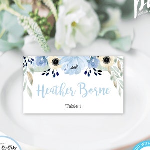 Blue Floral Baby Shower Place Card Template, Tent Fold Place Card, Personalized Decor, Customized Shower, Printable Card, DIY Editable, BSBF