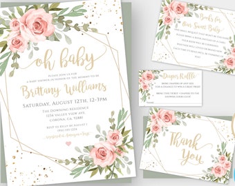 Op de afbeelding: Een set van vier afdrukbare babyshower-sjablonen met een roze en groen bloemenontwerp met gouden accenten. De sjablonen omvatten een uitnodiging, een bedankkaart, een luierspelkaart en een boekverzoekkaart. De tekst op de uitnodiging luidt "Oh Baby" en bevat de naam "Brittany Williams".