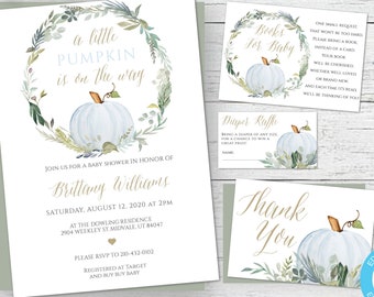 Little Pumpkin Baby Shower Invitation Printable, Blue Watercolor Pumpkin, Boy Baby Shower Invitation Template Set, Fall Invitations, BPS