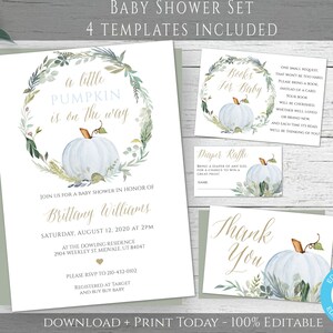 Little Pumpkin Baby Shower Invitation Printable, Blue Watercolor Pumpkin, Boy Baby Shower Invitation Template Set, Fall Invitations, BPS