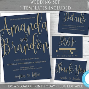 Blue And Gold Wedding Invitation Template Set, Printable Navy Invitation Suite, Editable Template Instant Download, Calligraphy Invite, WBBG