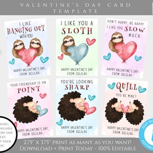 Sloth Valentine Card Template, Hedgehog Valentines Cards for Kids Classroom, Editable Valentine, Personalized Valentine, Porcupine Valentine