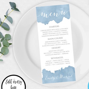 Dusty Blue Menu Template for Wedding, DIY Editable Blue Watercolor Menu, Printable Light Blue Menu Instant Download, Script Menu, WBDB