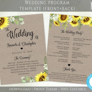 Könnte beinhalten: Eine Vorlage für ein Hochzeitsprogramm mit einem Sonnenblumen-Design. Die Vorderseite des Programms zeigt den Text "The Wedding of Amanda & Christopher" und das Datum "August 12, 2019". Die Rückseite des Programms listet die Mitglieder der Hochzeitsgesellschaft auf und enthält den Text "Thank You".