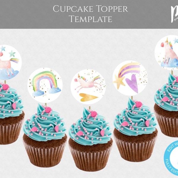 Unicorn Birthday Cupcake Topper Template, Rainbow Birthday, Magical Unicorn, 2 Inch Round Cupcake Toppers, Download + Print Today, BPU