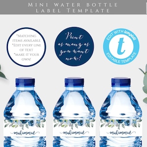 Blue Floral Mini Water Bottle Label Template for Boy Baby Shower, Decor for Boy Shower DIY Editable Label, Printable Water Bottle Label BFBS