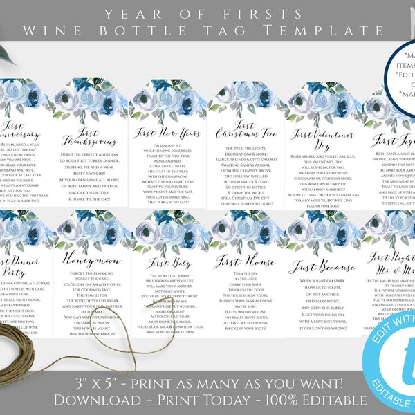 A Year of Firsts Wine Bottle Tag Template, Blue Floral Wedding Milestone Wine Labels, Marriage Milestone, Wedding Gift, Wine Poem, BFWS