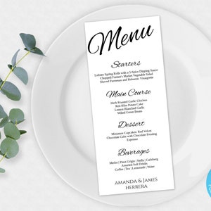 Printable Wedding Menu Template, Black + White Menu, Wedding Menu Card, Clean and Cursive Menu, Tea Length Dinner Menu, DIY Editable Menu