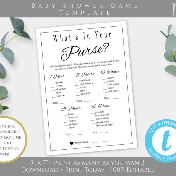 What's in Your Purse Baby Shower Game Template, Editable Baby Shower Game Instant Download, Printable Purse Game, Shower Purse Game, BSBAW
