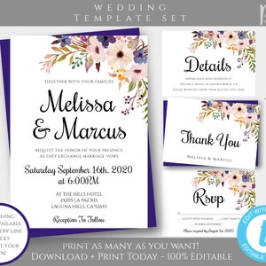 Purple Floral Wedding Invitation Template Set, Printable Wedding Invitation Suite, Editable Invite + RSVP + Details, Instant Download, WBPL4