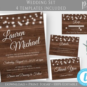 May include: Wedding invitation set with four templates. The main invitation features the names "Lauren & Michael" on a rustic wood background with string lights. Includes RSVP, details, and thank you cards. The text reads "Request the honor of your presence as they exchange marriage vows."