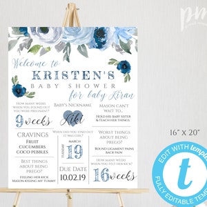 Plantilla de tablero de estadísticas de embarazo floral azul, cartel de recuerdo del embarazo, tablero de hitos del embarazo, regalo de embarazo, signo de baby shower, BFBB