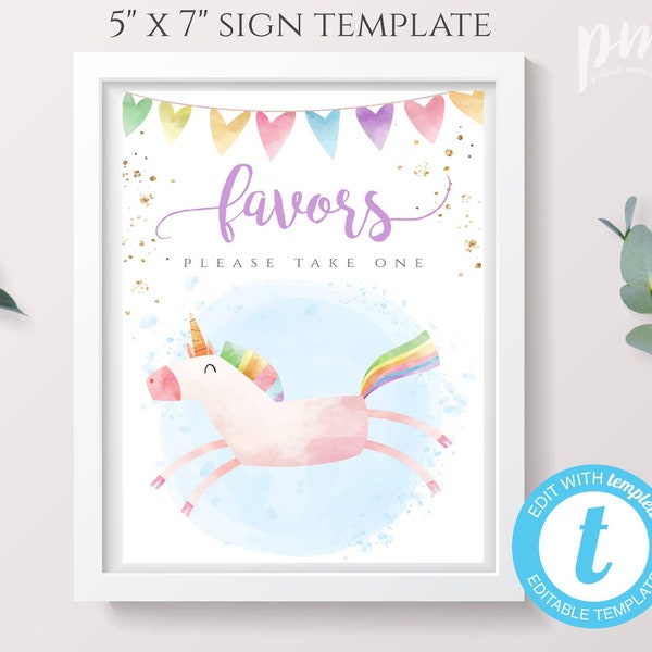Unicorn Favors Sign Printable Template for Girl's Birthday, Unicorn Party, Magical Birthday, Rainbow Gold Glitter Sign, Unicorn Decor, BPU