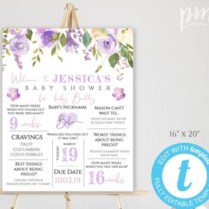 Plantilla de tablero de estadísticas de embarazo floral púrpura, cartel de recuerdo de embarazo, tablero de hitos del embarazo, regalo de embarazo, signo de baby shower