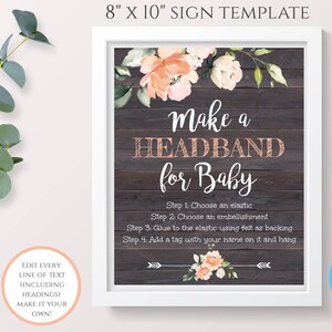 Rustic Peach Floral Headband Station Sign Template, Editable Boho Baby Shower Printable, Headband for Baby Sign, Baby Shower Activity