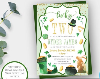 Lucky Two Birthday Invitation Template, Lucky Two Invitation, Lucky Two Birthday Invite for Boy, St. Patrick's Day Birthday Party, Gold BPLO