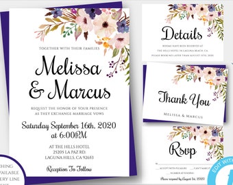 Purple Floral Wedding Invitation Template Set, Printable Wedding Invitation Suite, Editable Invite + RSVP + Details, Instant Download, WBPL4