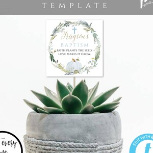 Faith Plants the Seed Love Makes it Grow Favor Tag, Baptism Succulent Favor Tags, Editable Template, Printable Blue Pumpkin Plant Tag, BAP14