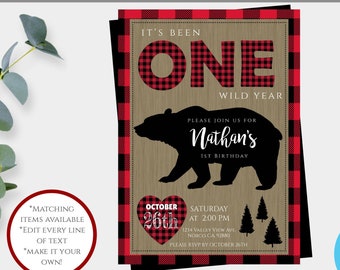 One Wild Year Woodland Bear First Birthday Invitation Template, 1st Birthday Lumberjack Invite, Woodland Invite for Boy, Lumberjack Birthday