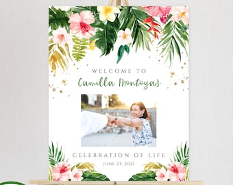 Signo de celebración de la vida imprimible hawaiano, signo de bienvenida para el funeral, plantilla de funeral editable de bricolaje, servicio conmemorativo de tema tropical, HJF