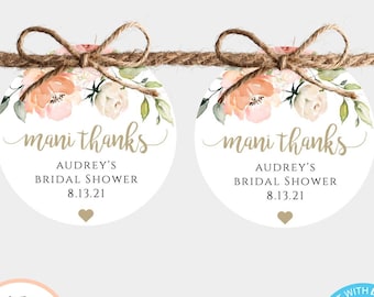 Mani Thanks Peach Floral Thank You Favor Tag Template, Editable Gift Tag, Printable Personalized Bridal Shower Favor Tag, Gold Tag, WSPF2