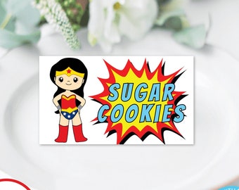 Superhero Folded Food Card Template for Birthday for Girl, Tent Fold Food Label, Editable Birthday Party Decor, Super Hero Food Cards, BPSW