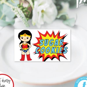 Superhero Folded Food Card Template for Birthday for Girl, Tent Fold Food Label, Editable Birthday Party Decor, Super Hero Food Cards, BPSW