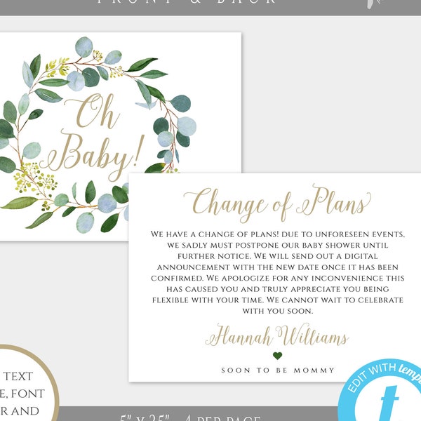 Greenery Baby Shower Cancellation Announcement, Postponed Baby Shower, Change of Plans Baby Shower, Virtual Baby Shower By Mail New Date BSG