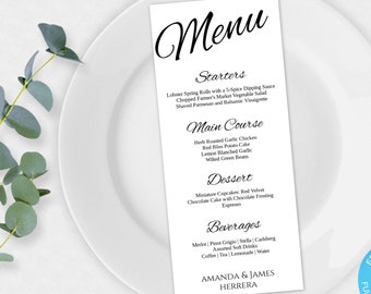 Printable Wedding Menu Template, Black + White Menu, Wedding Menu Card, Clean and Cursive Menu, Tea Length Dinner Menu, DIY Editable Menu