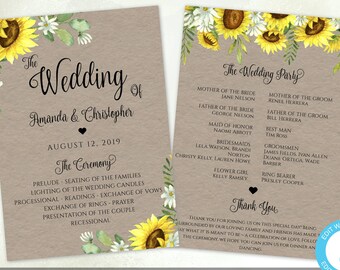 May include: A wedding program template with a sunflower design. The front of the program features the text "The Wedding of Amanda & Christopher" and the date "August 12, 2019". The back of the program lists the wedding party members and includes the text "Thank You".