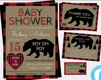 Lumberjack Baby Shower Invitation Template Set, Buffalo Plaid Lumberjack Shower, Bear Shower Boy Baby Shower Fall Baby Shower Rustic Shower