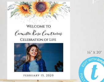 Sunflower Funeral Welcome Sign Template Yellow Floral Printable Funeral Sign DIY Editable Celebration of Life Sign Memorial Download SFM