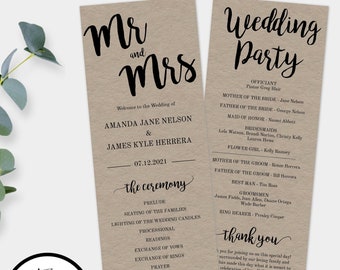 Rustic Program Template for Wedding, 1/2 page Printable Program, Instant Download, Editable Mr & Mrs Ceremony Program, DIY Wedding Program