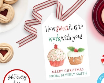 How Sweet It Is To Work With You Christmas Gift Tag Template With Cupcakes, Printable Holiday Party Gift Tag, Editable Holiday Favor Tag